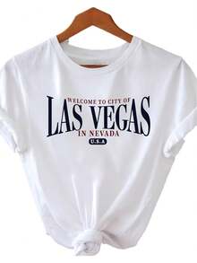 Camiseta de manga corta de algodón ligero para mujer, edición limitada, estilo de viaje, con estampado de texto Bienvenidos a Las Vegas, cuello redondo, primavera/verano. - Blanco - Ver 8