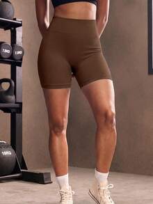 TCVC Seamless Ribbed Texture High Waist Shaping Tight Peach Butt Sports Shorts - Coffee Brown - View 2