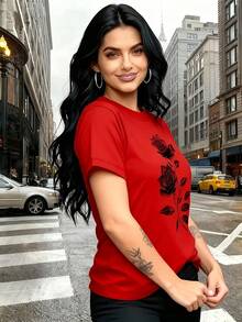 Soft 100% Cotton T-Shirt, Casual Women's T-Shirt | Unique Rose Print - Refined, Ready For Gifting, Casual Crew Neck T-Shirt | Breathable, Lightweight, Comfortable, Perfect For Spring And Summer Wardrobes. Breathable Cotton T-Shirt, Goes With Everything. - 紅色 - 查看 4