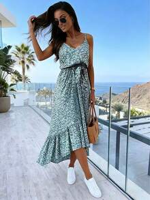 Women Fashion Summer Sleeveless Flower Print Fashion Party Dress, Beach Wear Dress - Green - View 2