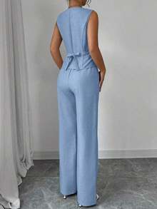 Conjunto de mujer de chaleco sin mangas con cuello en V y pantalones rectos de pierna derecha, de unicolor, elegante y de moda para uso casual y de oficina - azul real - Ver 2