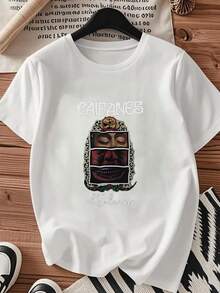 1 pieza de blusas para mujer, hermosas blusas para mujer, conjuntos de ropa para mujer, imagen de Caifanes, camiseta de 180G, negro y blanco, estampado de arte mexicano, alta calidad, cuello redondo, ajuste básico, suelto, transpirable, versátil, lavable en máquina, cómodo, talla S ~ 3XL, diario, casual, deportivo, esencial para el verano. - Blanco - Ver 3