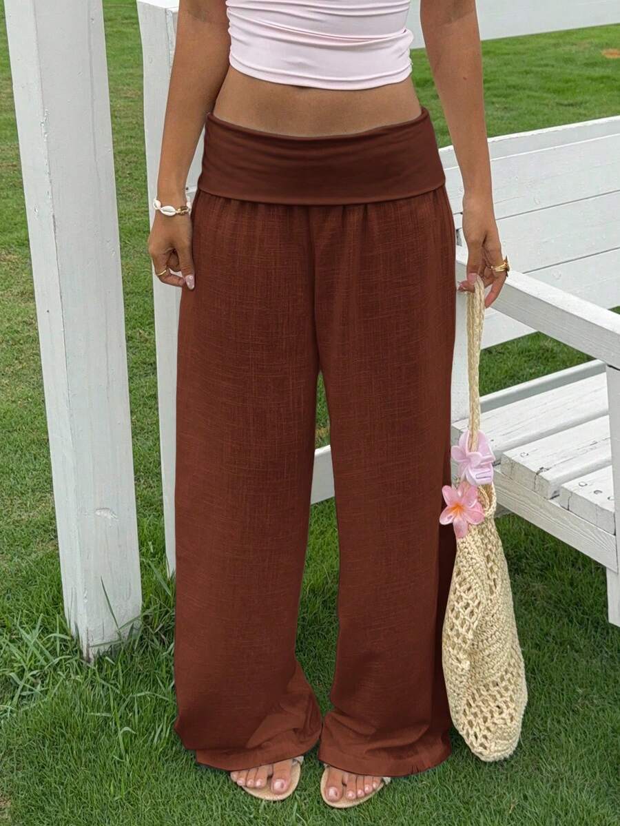 Women's Low Waisted Pants Solid Color Wide Leg Loose Fit Trousers Women Comfortable Casual Daily Wear - Café integral - Ver 1