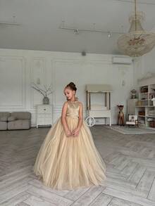 Tween Girl Sleeveless Halter Bow Pearls Tulle Princess Dress, Suitable For Birthday Party, Wedding, Flower Girl, Prom, Holiday Occasions - Champagne - View 6