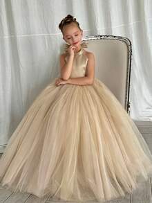 Tween Girl Sleeveless Halter Bow Pearls Tulle Princess Dress, Suitable For Birthday Party, Wedding, Flower Girl, Prom, Holiday Occasions - Champagne - View 8