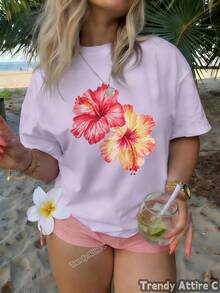 Round Neck Design, Women's Hawaiian Style T-Shirt With Tropical Floral Print, Summer Round Neck T-Shirt, Floral Print Top With Round Neck, Soft And Stretchy, Suitable For Spring, Summer And Autumn, Machine Washable, Available In Multiple Colors, Classic And Modern Round Neck, Breathable Fabric, Opaque Material, Loose And Versatile, Suitable For Urban Use, Multicolor Design, Suitable For All Seasons. - 白色 - 查看 11