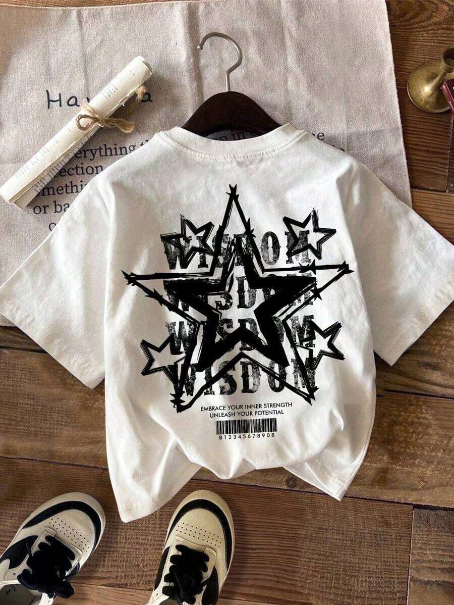 [Entrega Local]Playera Para Mujer Camiseta De Manga Corta Y Cuello Redondo, De Estilo Casual Y Holgado Con Estampado De Estrellas, Adecuada Para NiñOs Y Adolescentes Varones En Verano - Blanco - Ver 1