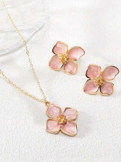 1 Kalung, 1 Pasang Anting, Set Perhiasan Liontin Bunga 4 Kelopak Enamel Warna-warni, Desain Neurotransmiter, Manis & Modis, Cocok untuk Pemakaian Sehari-hari, Liburan, Pesta, dan Hadiah