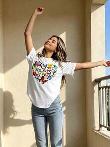 Camiseta Casual para Mujer con Estampado de Corazones de Mariposa, Diseño de Mariposas Coloridas, Cuello Redondo en Blanco y Negro para Moda Primavera Verano, Camiseta Holgada y Cómoda - Blanco - Ver 5