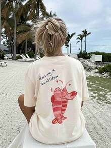 1 Piece [Double-Sided Print] Women's Fashion Casual T-Shirt, Spring/Summer, Watercolor Style, Shrimp, Heart, "Dancing In The Kitchen" Print, Round Neck, Short Sleeve, Pure Cotton, Plus Size, Drop Shoulder [Chu K]2026 - 杏色 - 查看 4