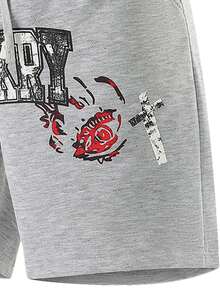 Pantalones cortos deportivos casuales para hombres, diseño con estampado de letras retro, pantalones cortos bermudas grises con cordón, de ajuste holgado y versátil - Gris - Ver 6