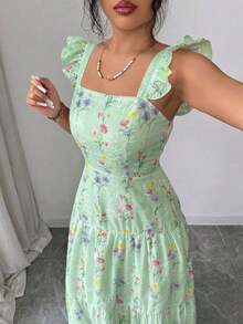 Elenzya Vestido con cintura fruncida y estampado floral para mujer, adecuado para ir a trabajar, salir, picnic, cita de San Valentín, resort de spa, fiesta en la playa, viajes y ocio - verde menta - Ver 8