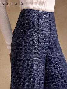 Pantalones anchos de pierna ancha de estilo palaciego bohemio vintage, de alta gama, de jacquard azul marino lavado, para mujer, adecuados para volver a la escuela, Año Nuevo, fiestas, uso diario y vacaciones - Azul marino - Ver 2