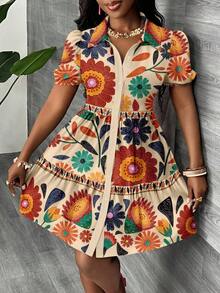 Vestido mini minimalista casual de mujer, adecuado para el verano, las vacaciones, estampado floral tropical, manga abullonada, corte evasé, estilo bohemio - Azul marino - Ver 12
