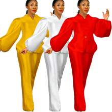 Two-Piece Set: Plain Color Puff Sleeve Top And Wide Leg Pants - 白色 - 查看 4