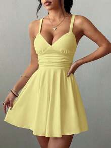 Vestido corto de punto sexy y elegante con escote en V, cintura fruncida y tirantes finos para mujer - amarillo ganso - Ver 5