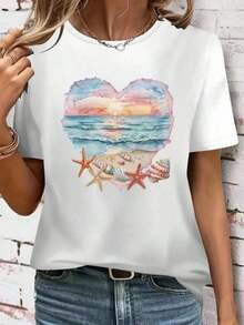 Women's T-Shirt Featuring A Sunset Design On A White Beach, With Watercolor Artwork Of Hearts, Starfish, And Seashells. This Breathable, Loose-Fitting Summer T-Shirt Is Perfect For Everyday Wear And Beach Outings. - 白色 - 查看 6