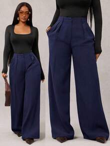 Pantalones anchos de pierna ancha de color café oscuro de moda minimalista para mujeres, pantalones de oficina de pierna ancha de color marrón para mujeres con cintura alta, pantalones de traje marrón para otoño/invierno - Azul marino - Ver 5