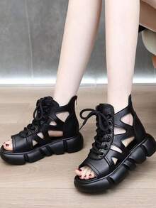 Giày sandal đế xuồng mùa hè mới cho bé gái, kiểu La Mã, khoét lỗ, thoáng khí. - màu đen - Xem 3