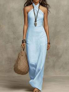 Women Elegant Halter Neck Dress Sleeveless High Waist Casual Party Daily Midi Dresses - 天藍色 - 查看 5