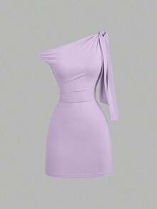 Vestido mini de estilo francés con cuello asimétrico, volantes, silueta esbelta y ceñido a la cintura, para un look sexy y favorecedor - Lila Púrpura - Ver 7