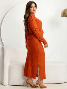 Conjunto Feminino Tricot Modal – Saia Midi + Blusa Manga Longa Inverno Casual Elegante e Quentinho - Laranja - Visão 5