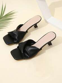 Women's Fashion Square Toe Open Toe Summer Oversized Pleated Comfortable Elegant High Heel Sandals,Kitten Heels - Black - View 5