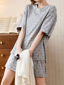 Gongdie Bộ đồ ngủ Miffy 2 món dành cho nữ, bộ đồ ngủ ngắn mùa hè, họa tiết hoạt hình và chấm bi dễ thương, chất liệu mềm mại. - Xám - Xem 3
