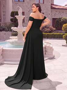 Black Off-Shoulder Draped Side Slit High Waist Formal Dress, Elegant For Evening Party, Wedding Guest, Suitable For Graduation Ceremony, Gala And Other Occasions - Black - View 2