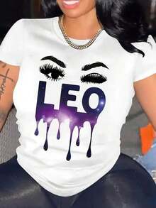 Elegante Camiseta de Mujer con Estampado Gráfico "LEO" - Cuello Redondo Casual, Transpirable y Cómoda, Perfecta para Uso Diario o Fiestas de Verano, Diseño Vibrante en Morado y Azul, Mangas Cortas, Corte Holgado, Camiseta para el Día a Día |    Ropa informal |   Comfortable FiCamiseta Algodón - Blanco - Ver 1