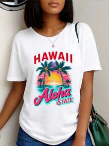 Camiseta de impresión de Aloha hawaiana de las mujeres - camiseta de manga corta blanca sobredimension con diseño de flor de palmera de Hawai y hibisco, uste suelto informal transpirable, eslogan del estado de Aloha, opciones de color blanco y turquesara ropa de playa y tres hawaianos - Blanco - Ver 2
