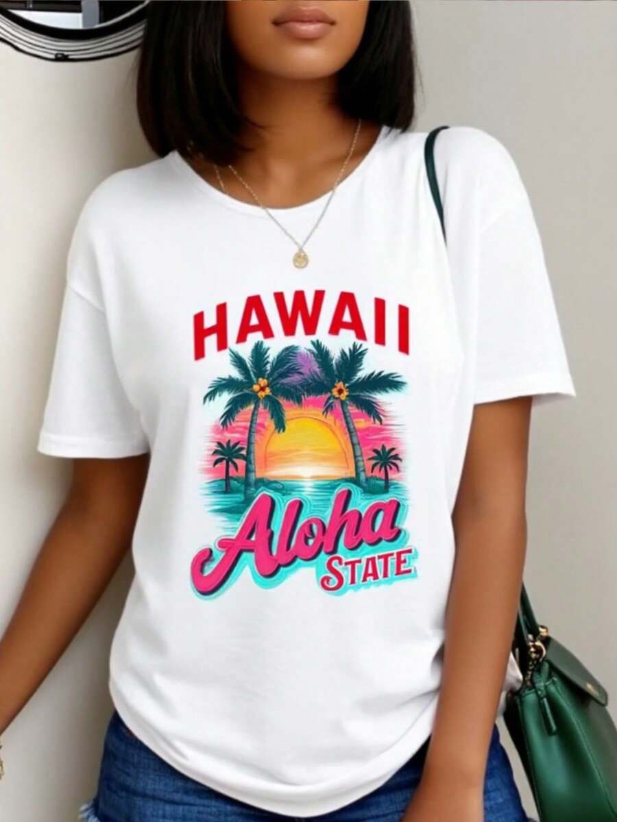 Camiseta de impresión de Aloha hawaiana de las mujeres - camiseta de manga corta blanca sobredimension con diseño de flor de palmera de Hawai y hibisco, uste suelto informal transpirable, eslogan del estado de Aloha, opciones de color blanco y turquesara ropa de playa y tres hawaianos