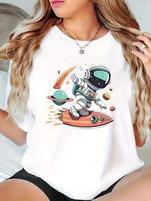 Wo casual camiseta de manga corta con astronauta juguetón espacio de surf impresión gráfica - estiramiento suave cuello redondo top de verano para tre casual y tres de vacaciones, camiseta lavable en máquina, diseño de dibujos animados, tela no transparente - Blanco - Ver 2