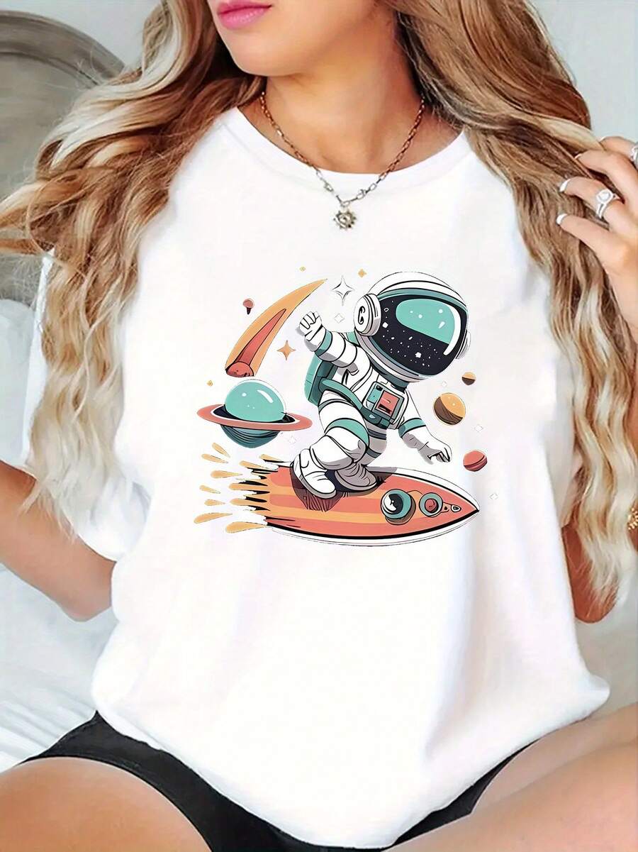 Wo casual camiseta de manga corta con astronauta juguetón espacio de surf impresión gráfica - estiramiento suave cuello redondo top de verano para tre casual y tres de vacaciones, camiseta lavable en máquina, diseño de dibujos animados, tela no transparente