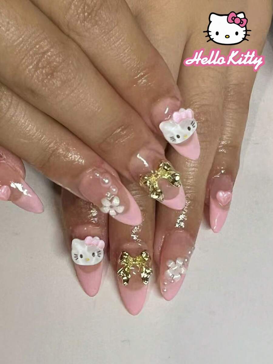SANRIO 24片Y2K风格粉色椭圆形法式美甲贴纸，饰有可爱的Hello Kitty、珍珠、爱心、花朵和金色蝴蝶结图案，粉嫩少女风，完美适配亚克力美甲套装。套装包含1瓶凝胶胶水和1把指甲锉，适合女性日常及派对使用。 - 彩色 - 查看 1