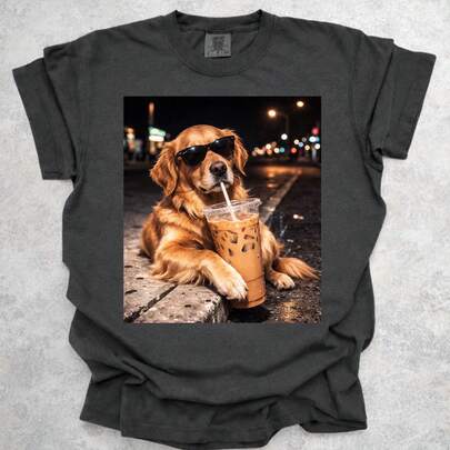 Funny Golden Retriever Drinking Iced Coffee Shirt Dog Meme Graphic Tee For Men Women
