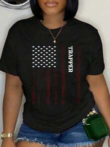 1 pieza, 100% algodón, camiseta unisex con estampado de la bandera de EE. UU., estilo clásico y cómodo, cuello redondo, talla grande, T210g, 100% algodón, los diseños están impresos. Unisexo. - Negro 4 - Ver 6