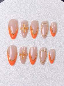 10pcs Handmade Wearable Nails, Short Almond-Shaped Fake Nails, Nude Orange-Gold French Manicure, Energetic Luxurious Nails, Hand-Painted Orange-Gold French Tips, Gilded Edges, Glitter Floral Decor, Translucent Jelly Effect, Versatile For All Occasions, Includes Manicure Tools, Easy To Apply And Remove, Suitable For Women And Girls - Orange - View 4