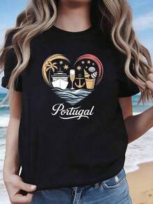 Conjunto para el Día de la Madre, Camisetas Vintage, Mangas Cortas Elegantes, Ropa Casual para Vacaciones, Crucero por Portugal, Estampado con Patrón de Corazones, Camiseta Casual de Primavera para Mujer de Tallas Grandes, Top de Diseño Retro, Adecuado para Viajes a Portugal, Vacaciones en la Playa, Conjuntos de Viaje, Ropa Casual para el Día a Día, Mangas Cortas, Tops de Mujer 100% Algodón - Negro - Ver 7