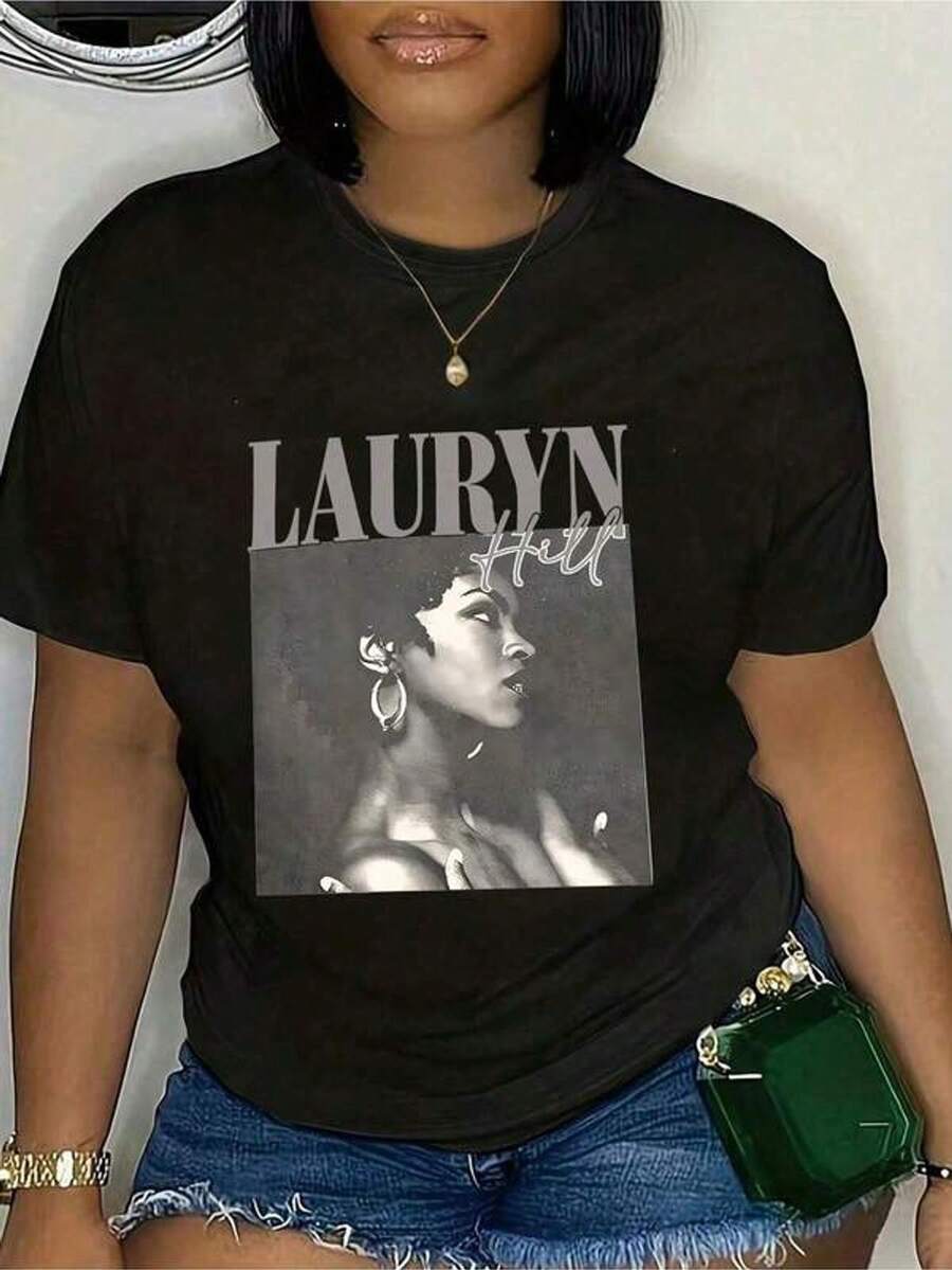 Camisetas para mujer talla grande, Camiseta gráfica de Lauryn Hill (1 pieza) 100% algodón casual con estampado, cuello redondo, manga corta, camiseta de 220g de algodón, para salir, regalo, verano, unisex