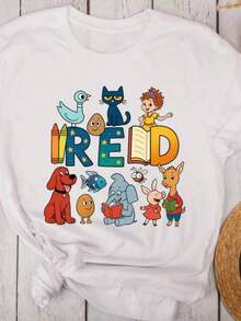 1 Piece Teacher T-Shirt With Book Print For Kids Comfort Colots, Women's Oversized Graphic Tees, Book Lover T-Shirt, Elementary School Teacher T-Shirt, Kindergarten T-Shirt, Women's Summer T-Shirts And Blouses, Pure Cotton Short Sleeve Crew Neck T-Shirt, 180g 100% Cotton, All Designs Are Printed. Unisex. - 白色 013 - 查看 8
