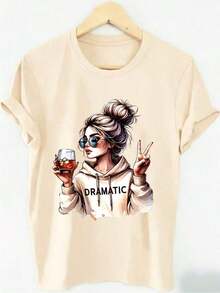 1 Piece Fashion Casual For Men And Women2026 Nueva "DRAMÁTICA" Camiseta de mujer de manga corta y cuello redondo con estampado, casual y cómoda, adecuada para uso diario. Diseño estampado con cuello cómodo y redondo, una opción ideal para primavera y verano. El negro es versátil, fácil de combinar, adecuado para el uso diario, el estilo urbano, los conjuntos de vacaciones y la ropa de fin de semana. - Albaricoque - Ver 3