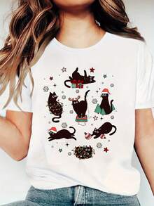 Camiseta de algodón de manga corta para mujer, diseño de gato navideño, corte holgado, informal, para verano. - Blanco - Ver 1