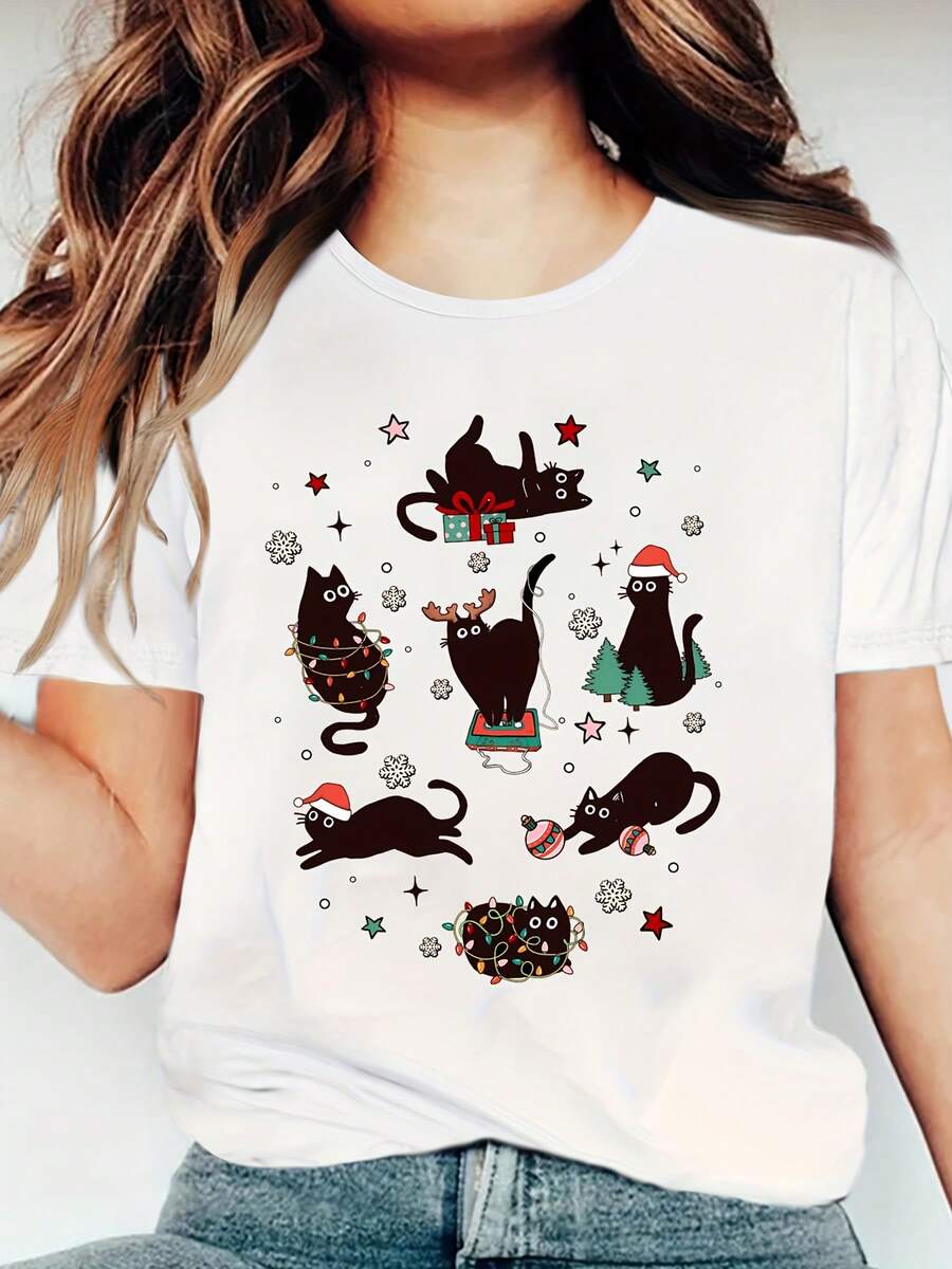 Camiseta de algodón de manga corta para mujer, diseño de gato navideño, corte holgado, informal, para verano. - Blanco - Ver 1