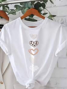 Women's Short-Sleeved Cotton T-Shirt, Plus Size Casual Short-Sleeved T-Shirt For Women - Heart Print, Striped And Shiny, Suitable For Spring, Summer And Autumn, Machine Washable Round Neck Blouse. - 白色 - 查看 1