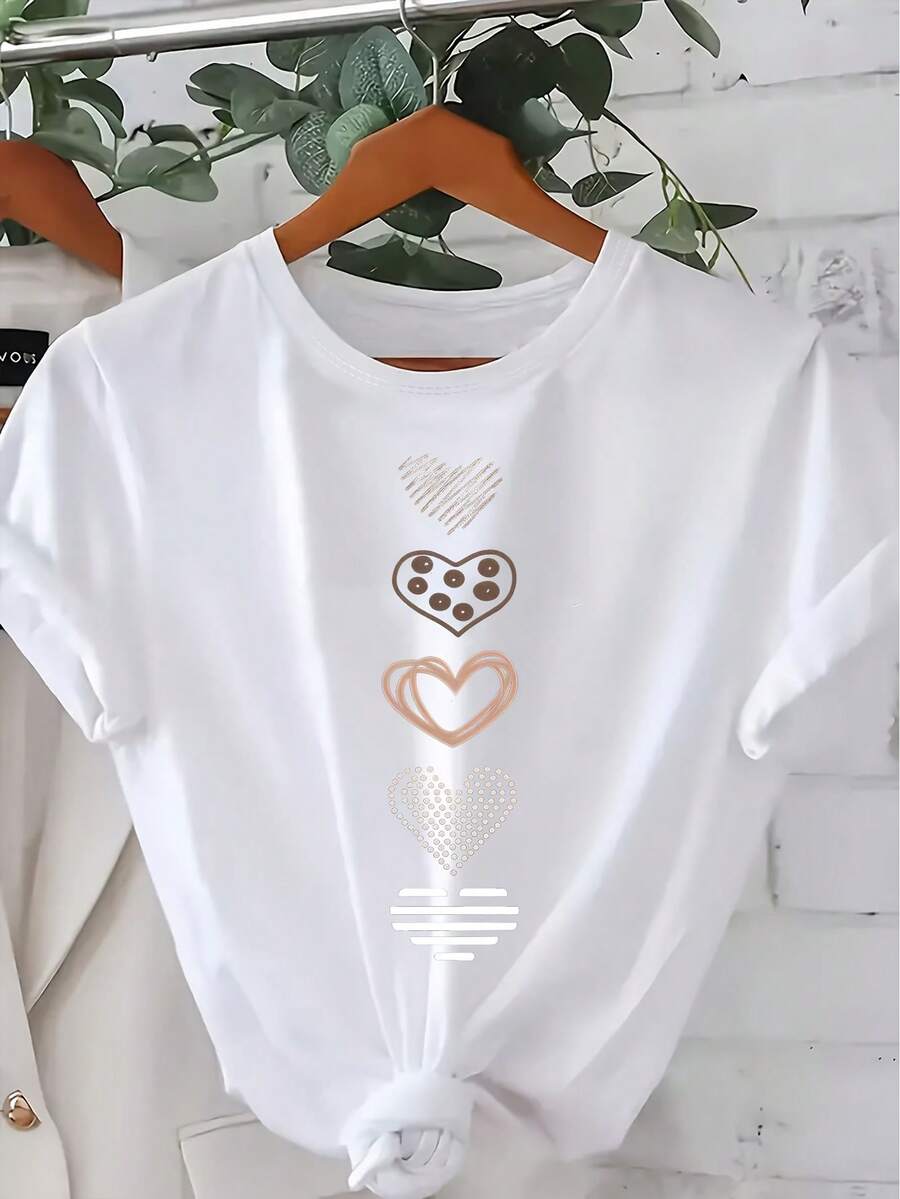 Women's Short-Sleeved Cotton T-Shirt, Plus Size Casual Short-Sleeved T-Shirt For Women - Heart Print, Striped And Shiny, Suitable For Spring, Summer And Autumn, Machine Washable Round Neck Blouse. - 白色 - 查看 1