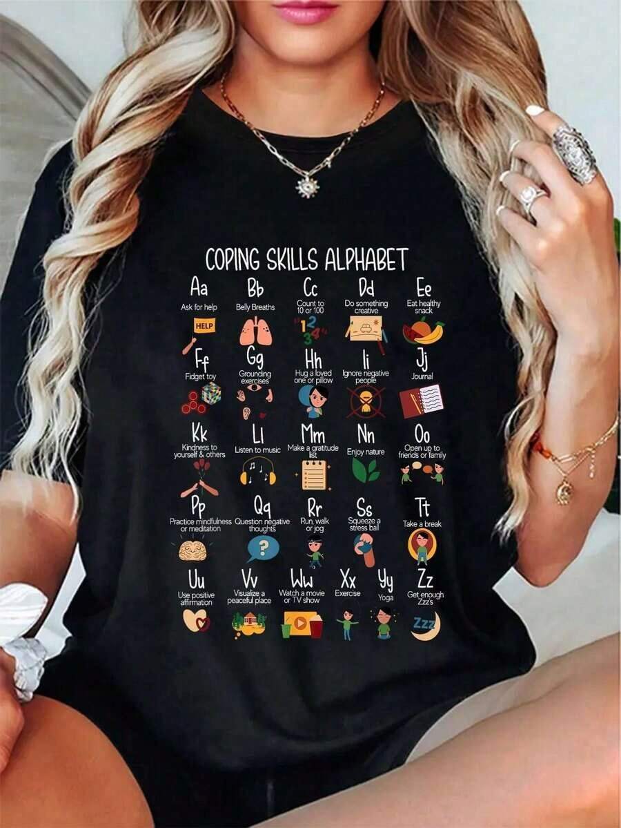 Camiseta Casual 100% Algodón con Estampado de Alfabeto de Habilidades para el Manejo y Concientización sobre Salud Mental, Camiseta de Asesor. Blusas para mujer. - Negro - Ver 1
