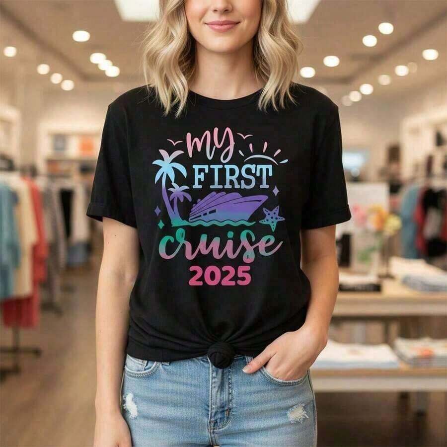 Women's Graphic T-Shirt "My First Cruise" - Short-Sleeve Crew Neck Cotton Summer Vacation T-Shirt With Cruise Ship And Palm Tree Print, Sizes S-5XL. Versatile For Everyday Casual Wear. Soft - 黑色 - 查看 1
