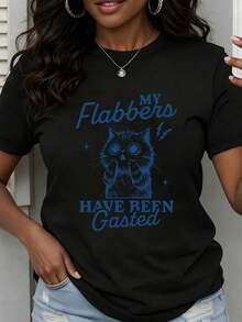 Camiseta de Cuello Redondo para Mujer con Estampado de Gato "My Flabbers Have Been Gasted", Manga Corta, Casual, para Uso Diario y Salidas Divertidas - Negro - Ver 7
