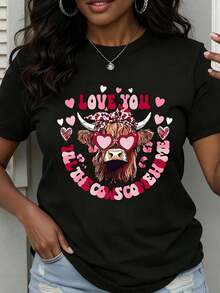 Camiseta de cuello redondo para mujer con estampado de vaca con gafas de corazón y la frase "Love You The Cows Come Home", manga corta, estilo casual para el Día de San Valentín. - Negro - Ver 7